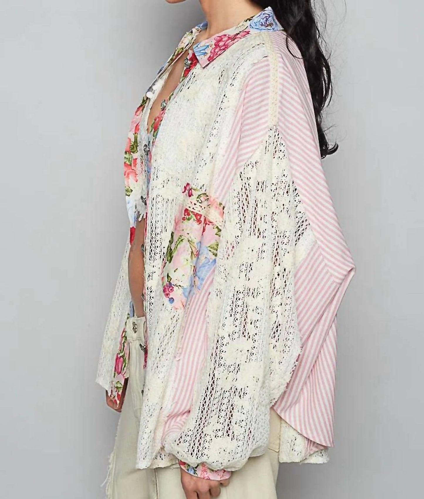 Pol - Lace Long Sleeve With Floral And Striped Pattern Top