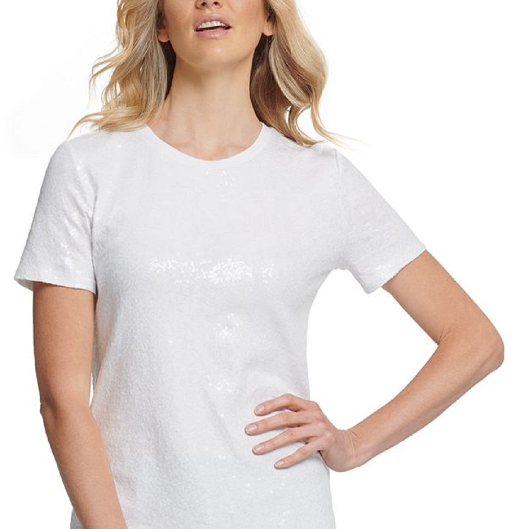 Camiseta feminina DKNY com lantejoulas, branca, tamanho grande