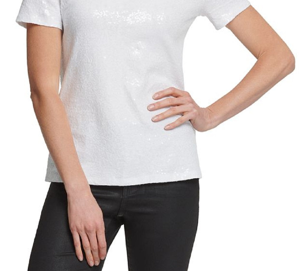 Camiseta feminina DKNY com lantejoulas, branca, tamanho grande