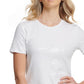 Camiseta feminina DKNY com lantejoulas mescladas, manga curta, gola joia, branca, tamanho médio
