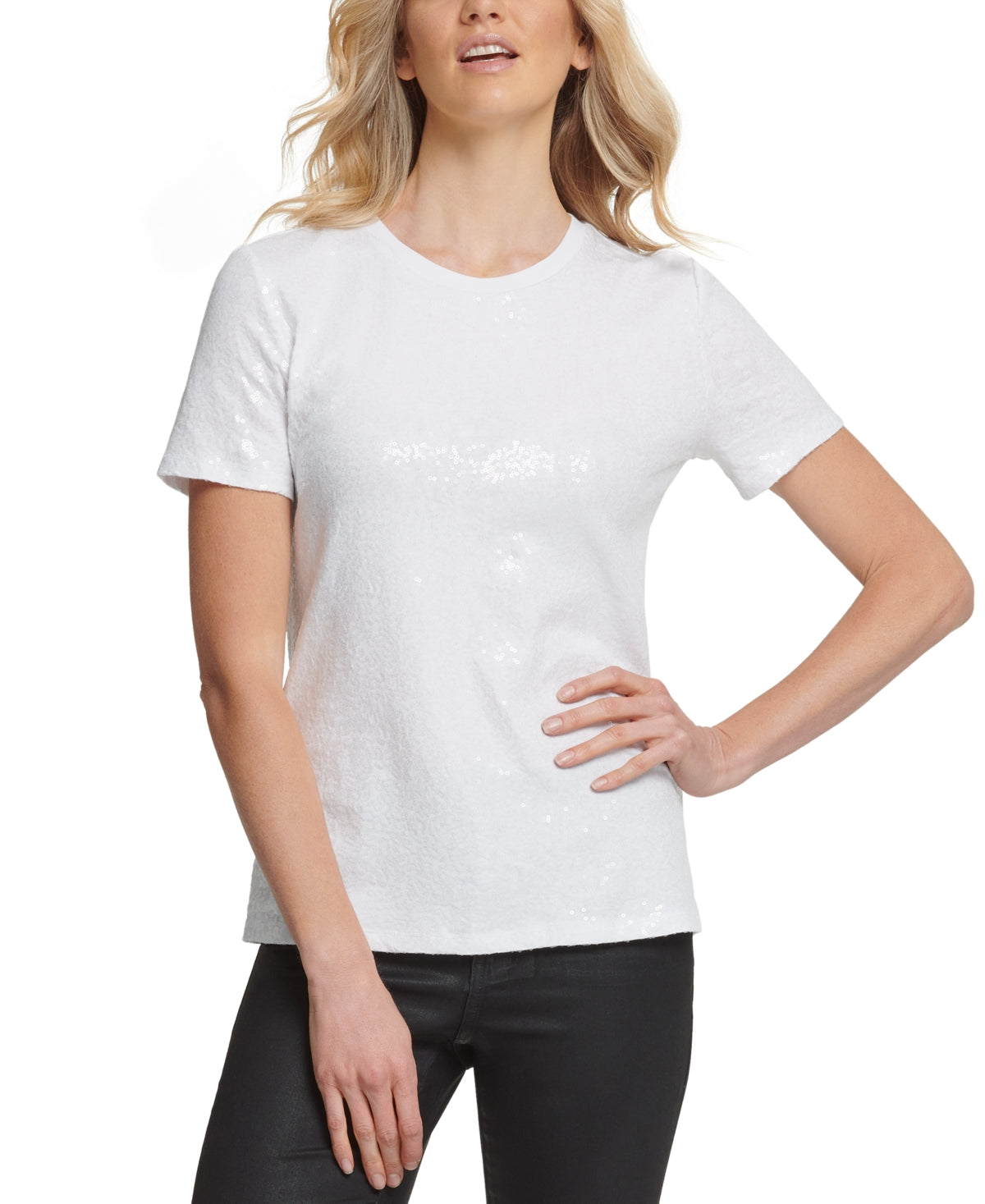 Camiseta feminina DKNY com lantejoulas mescladas, manga curta, gola joia, branca, tamanho médio