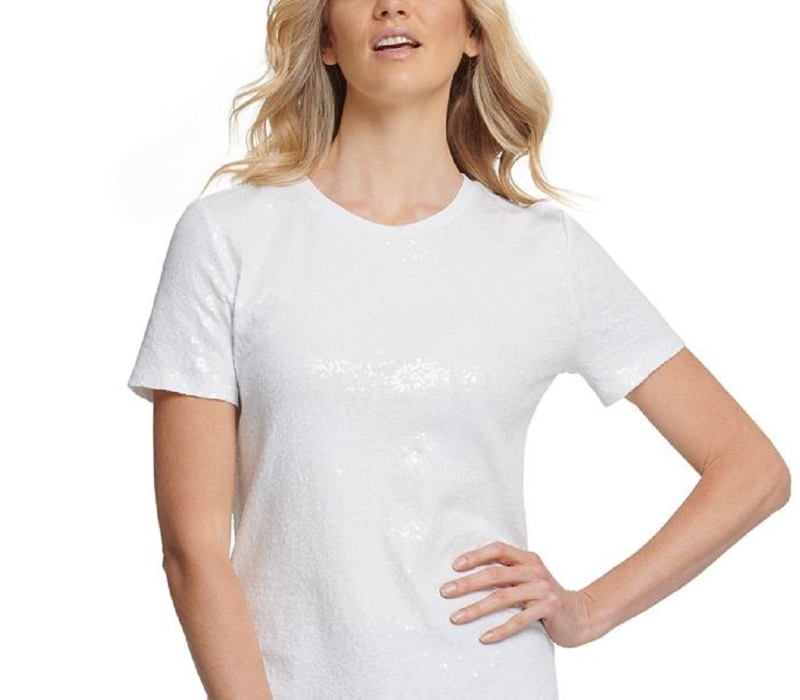 Camiseta feminina DKNY com lantejoulas, branca, tamanho pequeno