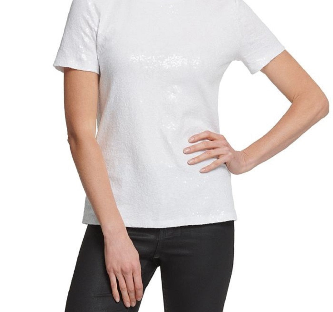Camiseta feminina DKNY com lantejoulas, branca, tamanho pequeno