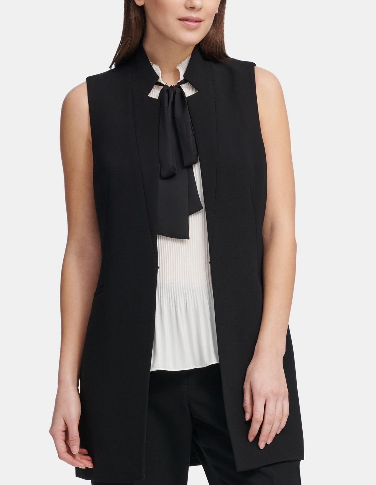 Blazer feminino DKNY sem mangas com lapela entalhada, preto, tamanho 4