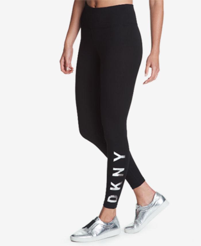 Calça legging feminina DKNY Sport com logo e cintura alta, comprimento total, preta, tamanho médio