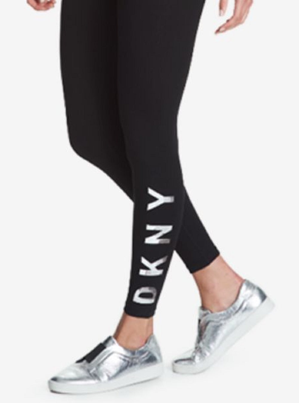 Leggings femininas DKNY de cintura alta com logotipo para treino, comprimento total, pretas, tamanho pequeno