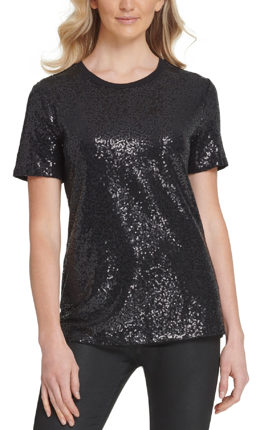 Camiseta feminina DKNY com lantejoulas, preta, tamanho grande
