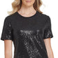 Camiseta feminina DKNY com lantejoulas, preta, tamanho grande