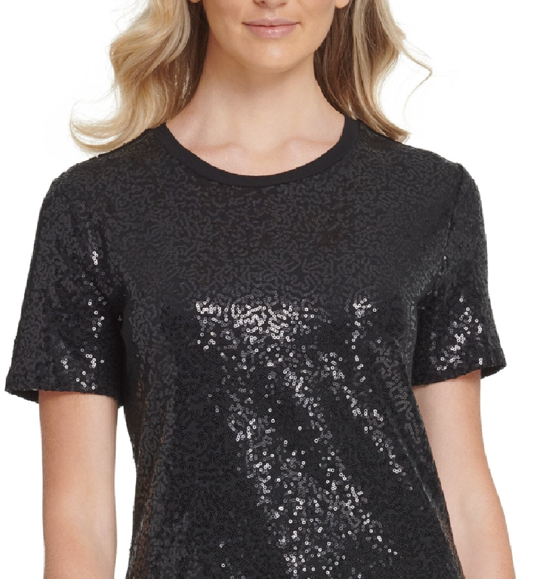 Camiseta feminina DKNY com lantejoulas, preta, tamanho grande