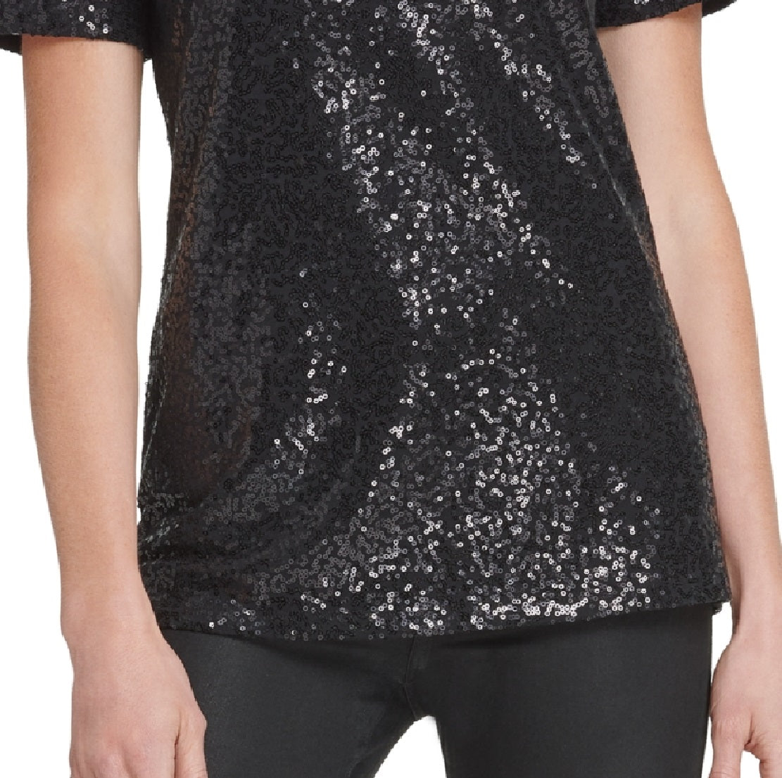 Camiseta feminina DKNY com lantejoulas, preta, tamanho grande