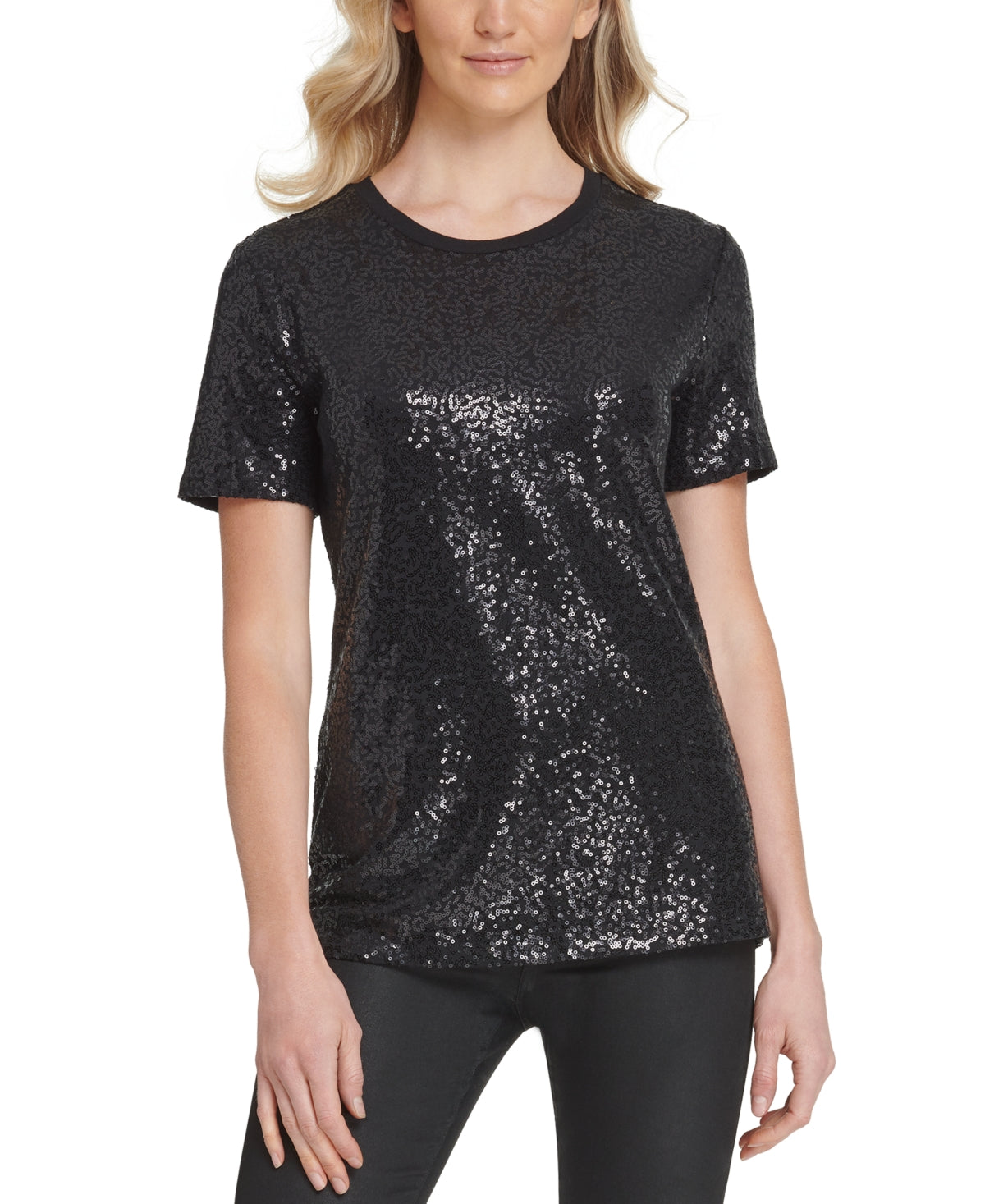 Camiseta feminina DKNY com lantejoulas, preta, tamanho grande