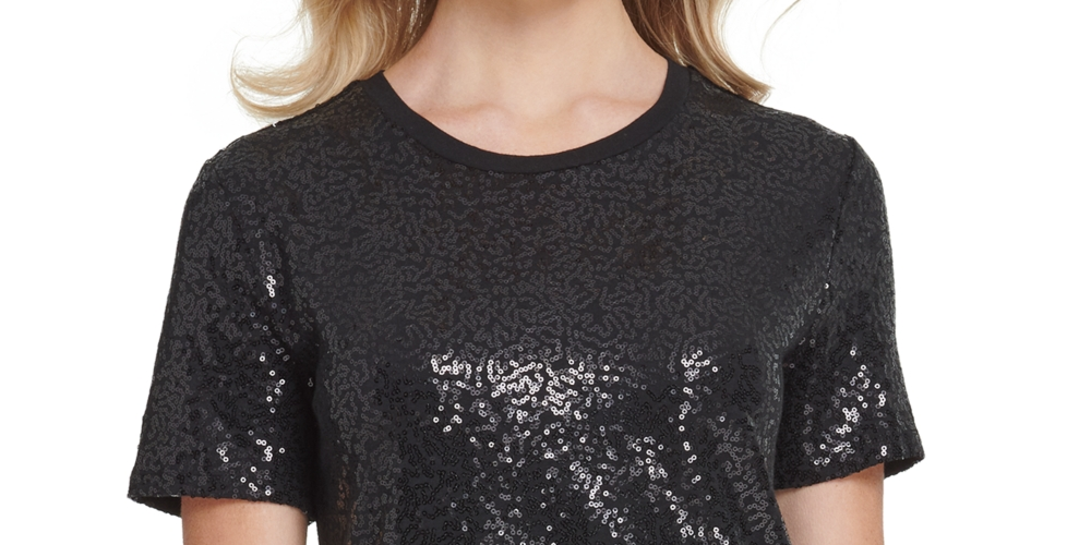 Camiseta feminina DKNY com lantejoulas, preta, tamanho grande