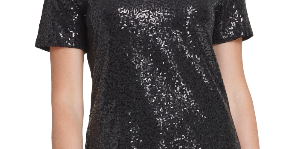 Camiseta feminina DKNY com lantejoulas, preta, tamanho grande
