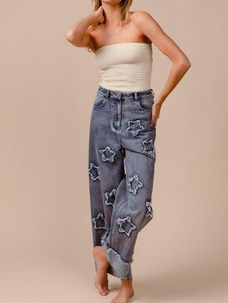 Bibi - Calça Jeans Denim Lavada com Patches de Estrela