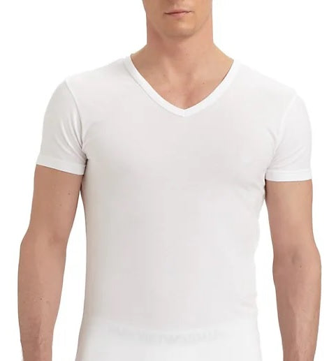 Camiseta masculina Emporio Armani de algodão elástico com decote em V, branca, tamanho G