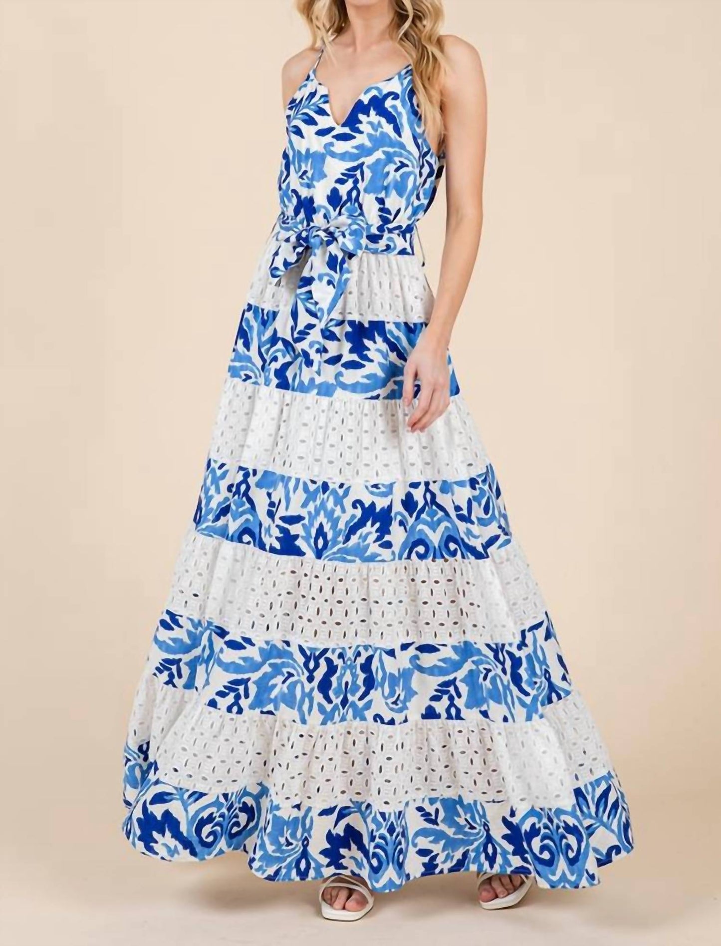 Geegee X Lovelo - Floral Eyelet Lace Tiered Maxi Sundress