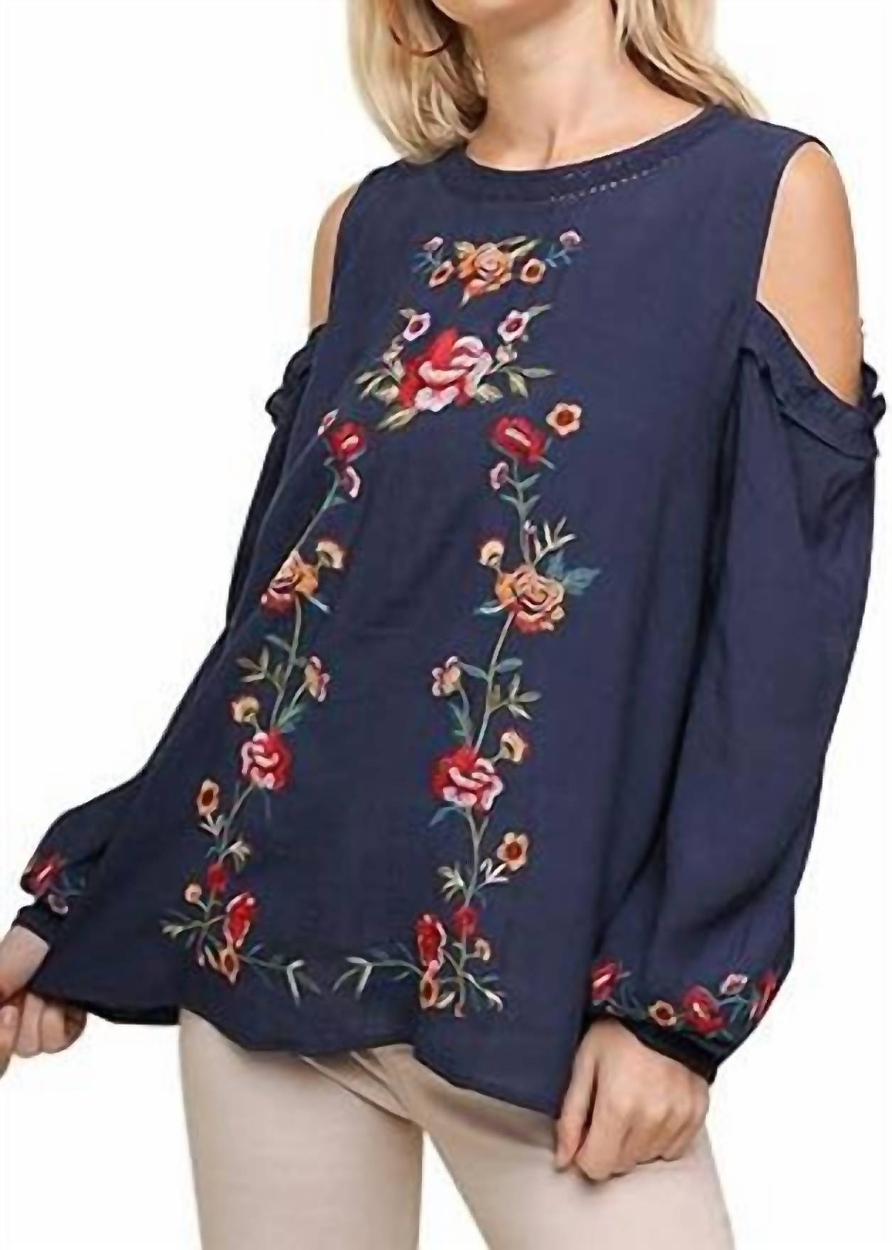 Umgee - Floral Embroidered Crochet Trim Top