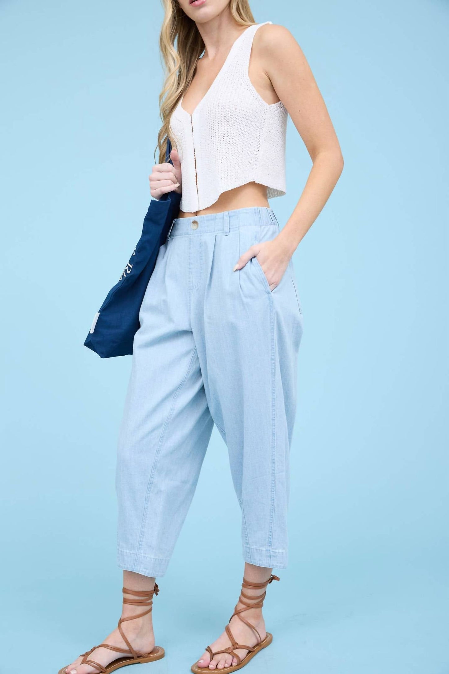 Blu Pepper - High Waist Pleated Denim Capri Pants