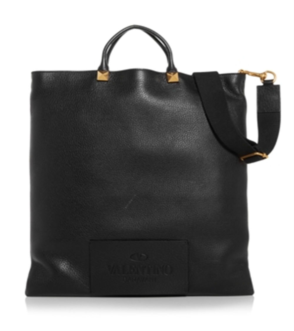 Bolsa tote Valentino Garavani Flat de couro masculina, preta, tamanho regular