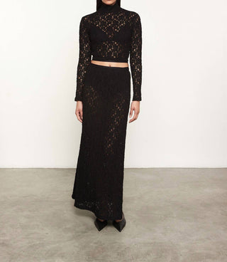 Enza Costa - Blusa cropped de gola alta, mangas compridas e renda franzida