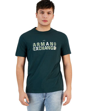 Camiseta masculina de gola redonda e manga curta com logotipo Bar A|X Armani Exchange, verde, tamanho médio