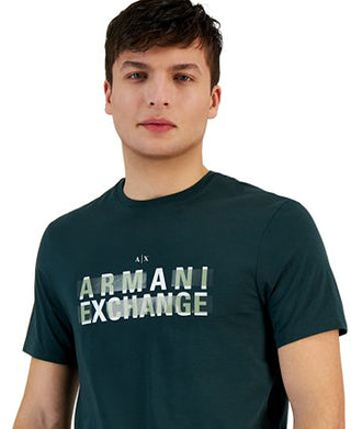Camiseta masculina de gola redonda e manga curta com logotipo Bar A|X Armani Exchange, verde, tamanho médio