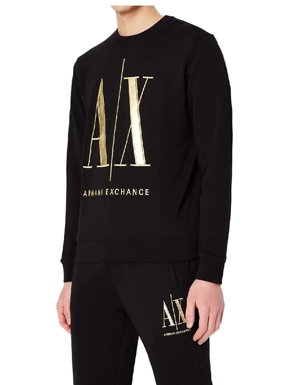Moletom masculino com gola redonda e logotipo metálico AX Armani Exchange, preto, tamanho XX-G
