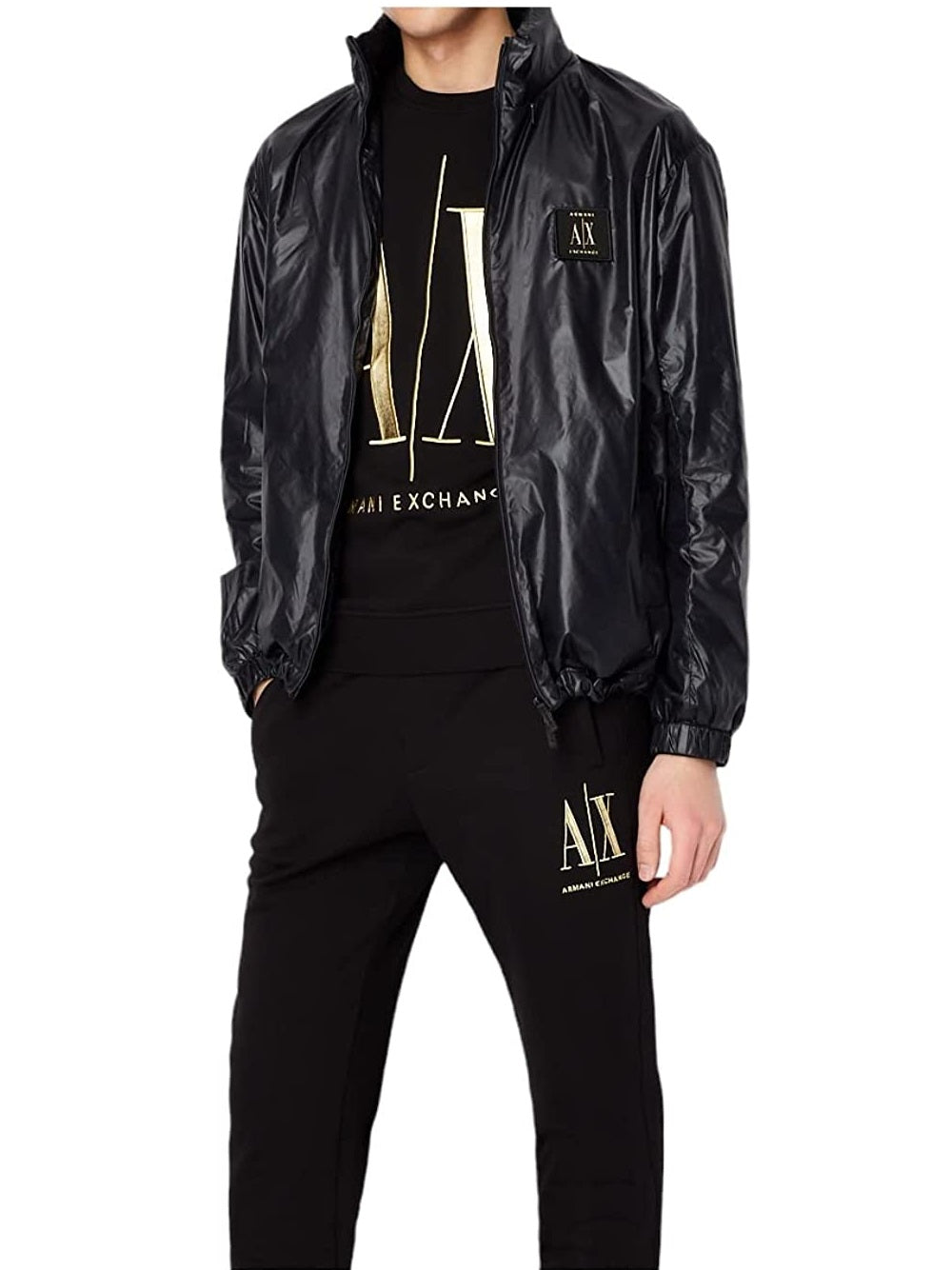 Moletom masculino com gola redonda e logotipo metálico AX Armani Exchange, preto, tamanho XX-G