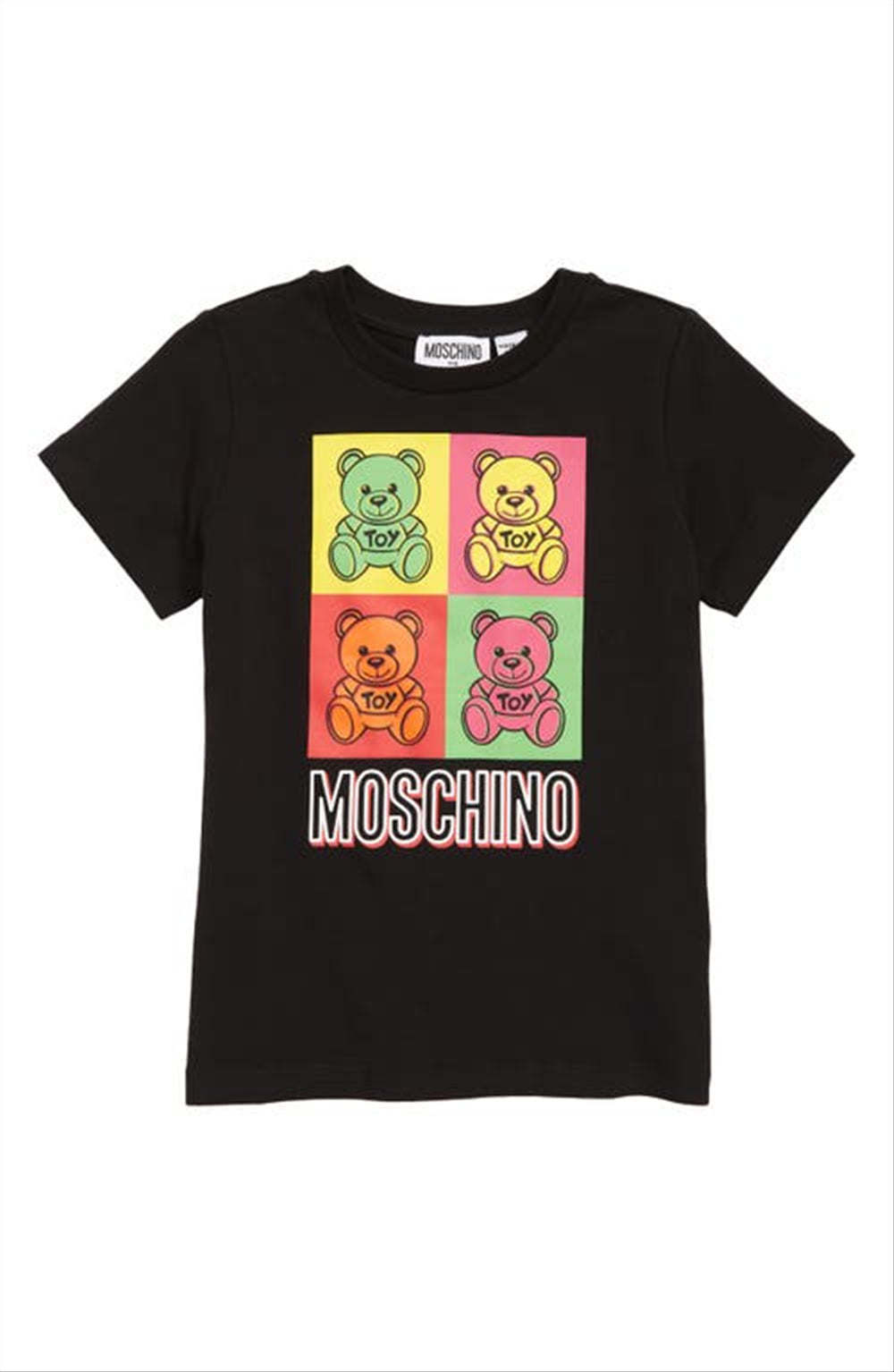 Camiseta infantil Moschino multicolorida com estampa de urso preta, tamanho 12 anos