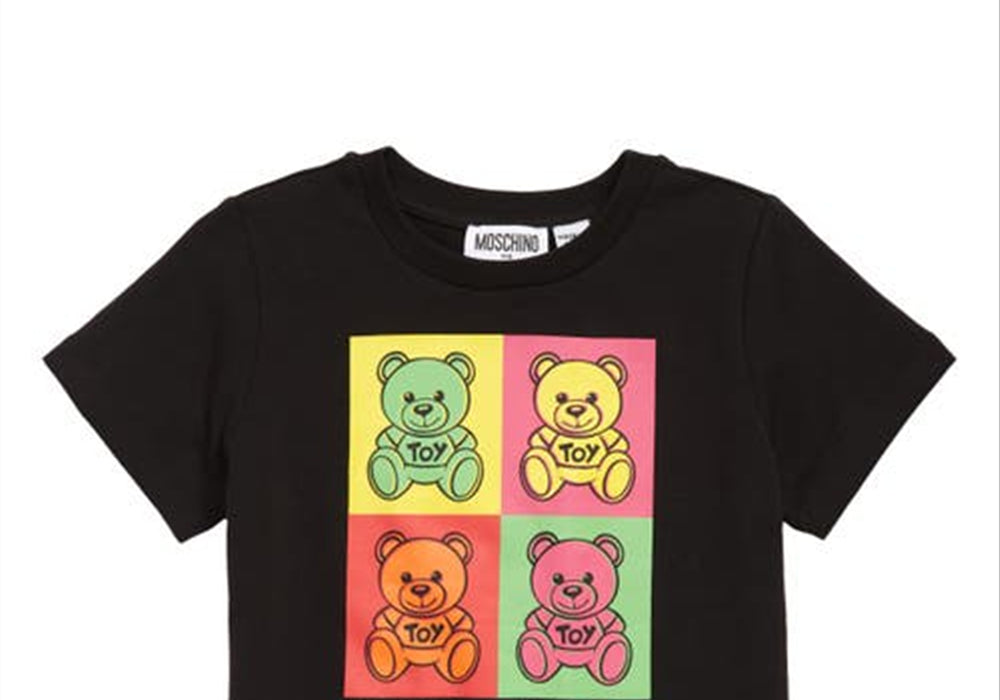 Camiseta infantil Moschino multicolorida com estampa de urso preta, tamanho 12 anos