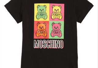 Camiseta infantil Moschino multicolorida com estampa de urso preta, tamanho 12 anos