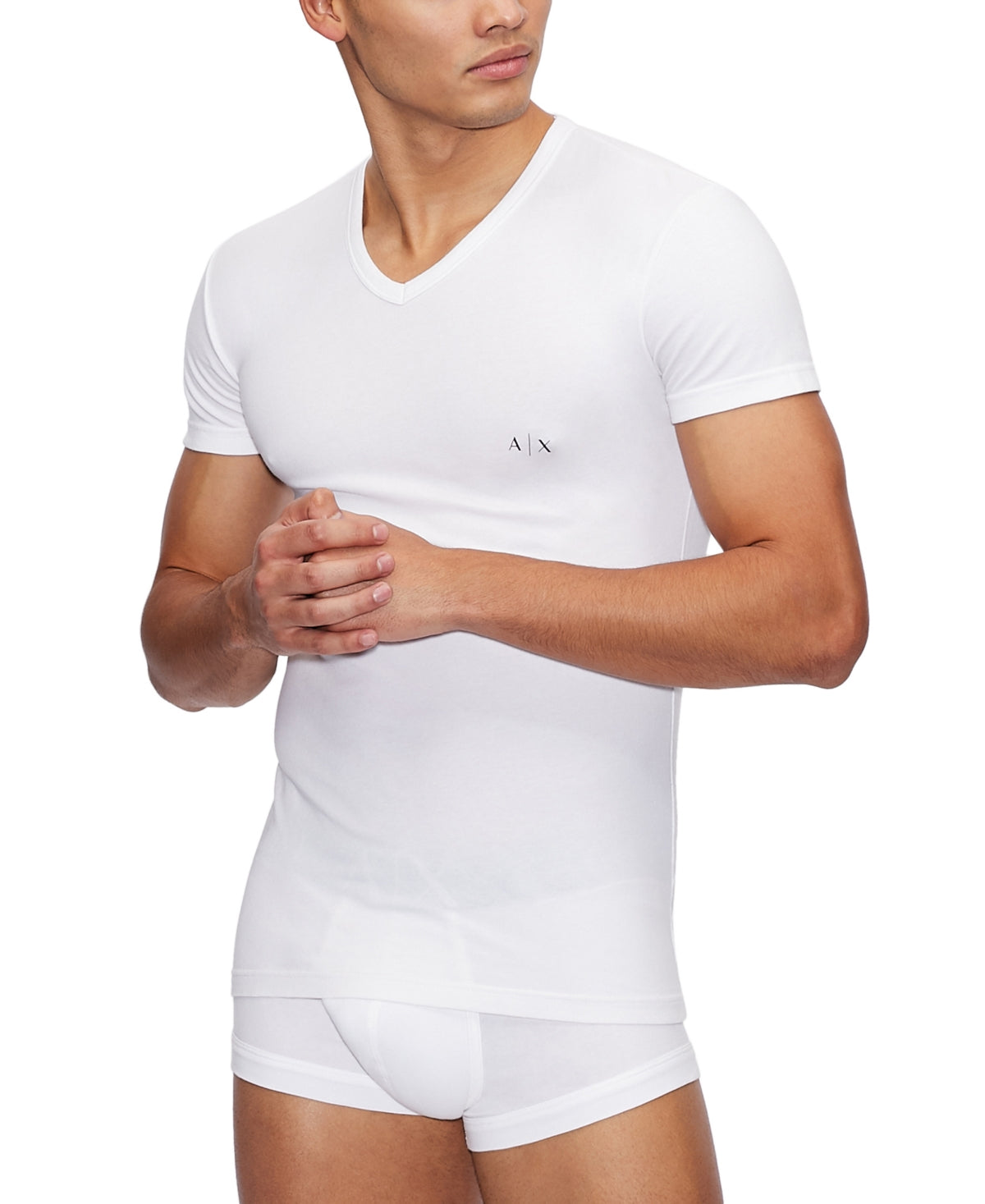 Pacote com duas camisetas masculinas AX Armani Exchange de algodão elástico com decote em V, tamanho P, brancas