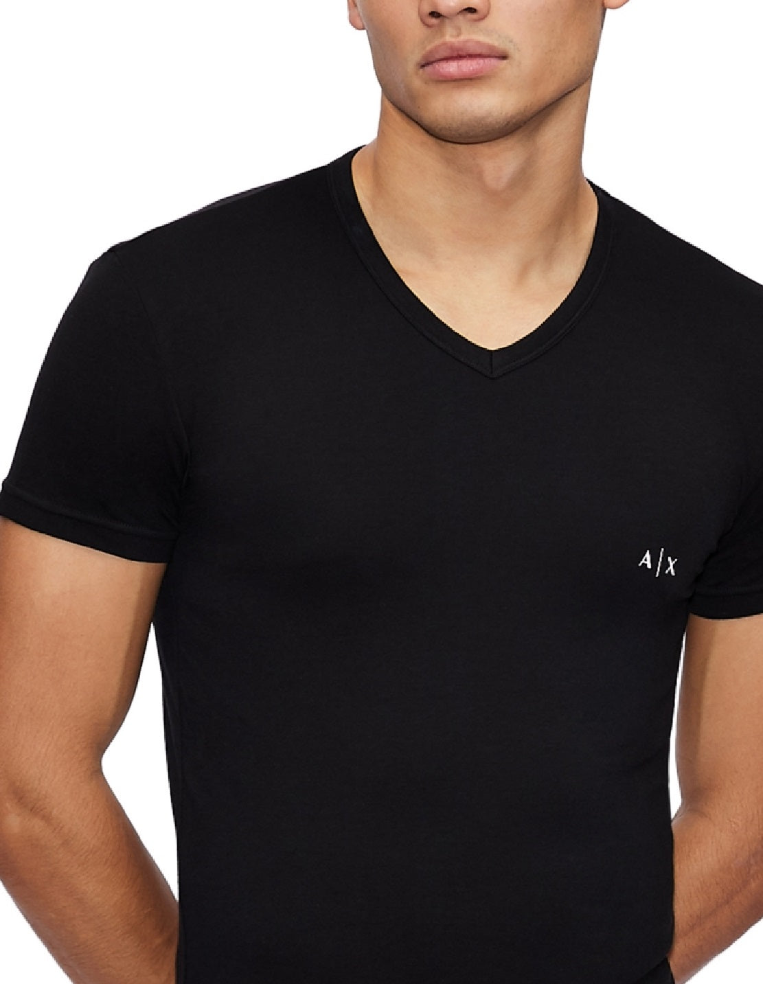 A|X Armani Exchange Camiseta Masculina de Algodão Elástico com Gola V e Manga Longa, Pacote com Duas Peças, Preta, Tamanho Grande