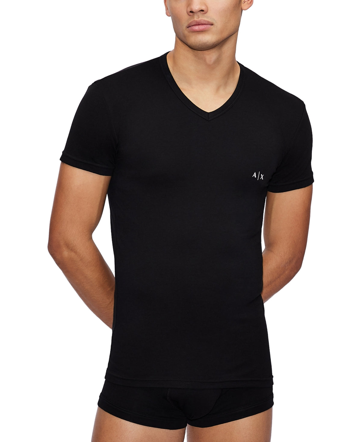 A|X Armani Exchange Camiseta Masculina de Algodão Elástico com Gola V e Manga Longa, Pacote com Duas Peças, Preta, Tamanho Grande