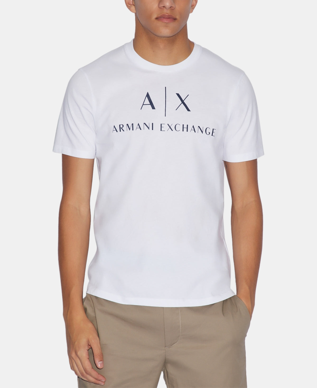 Camiseta masculina com estampa gráfica e logotipo AX Armani Exchange, branca, tamanho GG