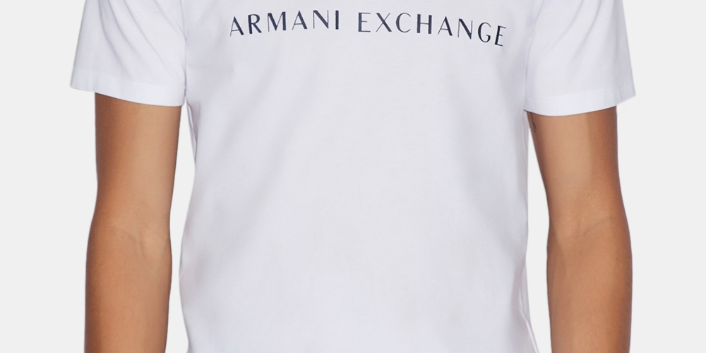 Camiseta masculina com estampa gráfica e logotipo AX Armani Exchange, branca, tamanho GG