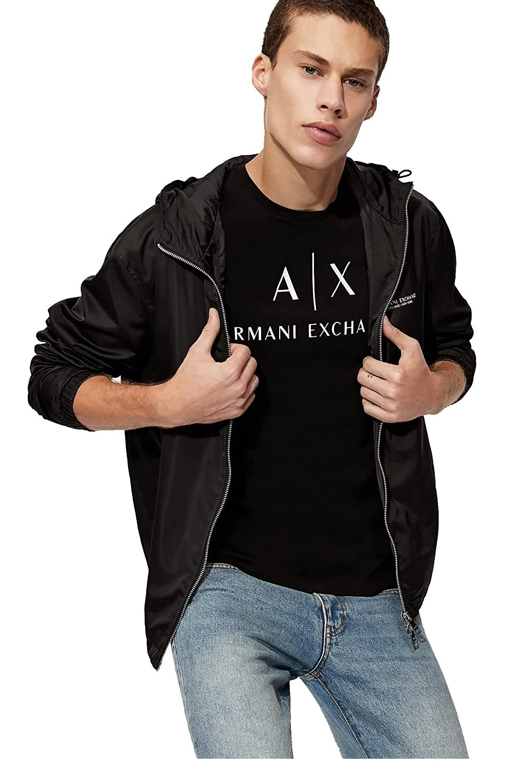 Camiseta masculina com estampa gráfica e logotipo A|X Armani Exchange, preta, tamanho extragrande