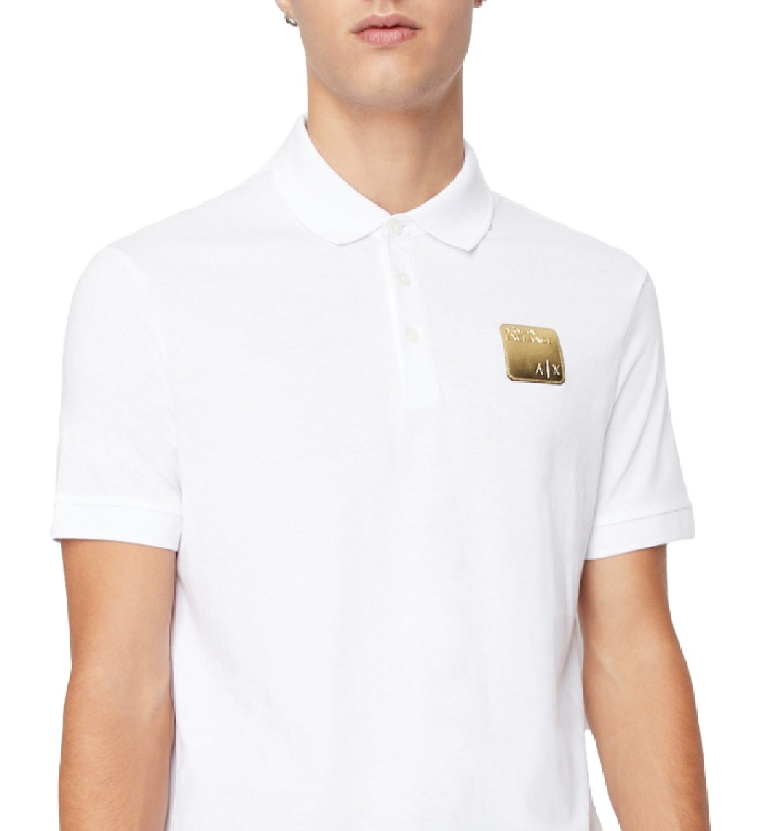 Camisa polo masculina com logotipo metálico A|X Armani Exchange, branca, tamanho médio
