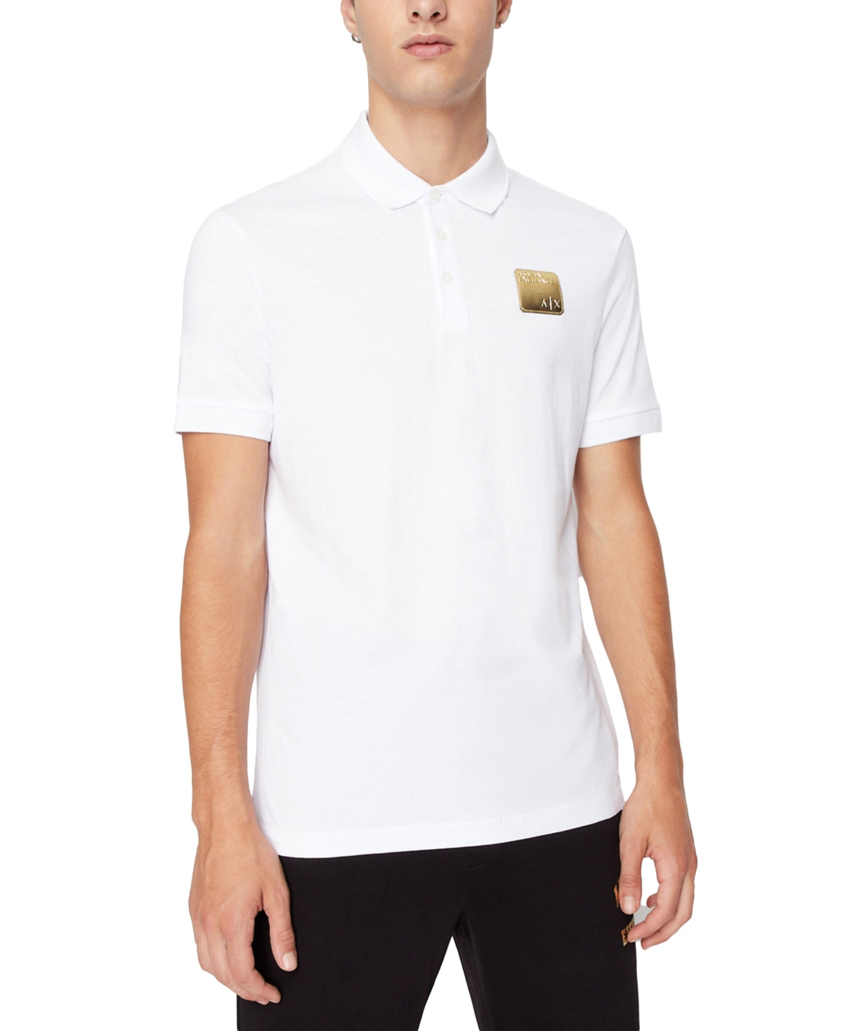 Camisa polo masculina com logotipo metálico A|X Armani Exchange, branca, tamanho médio