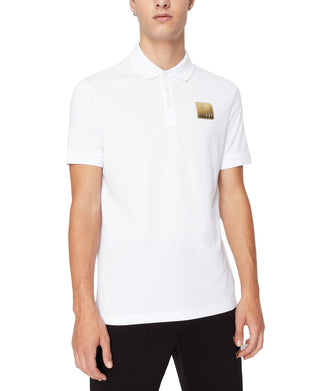 Camisa polo masculina com logotipo metálico A|X Armani Exchange, branca, tamanho médio