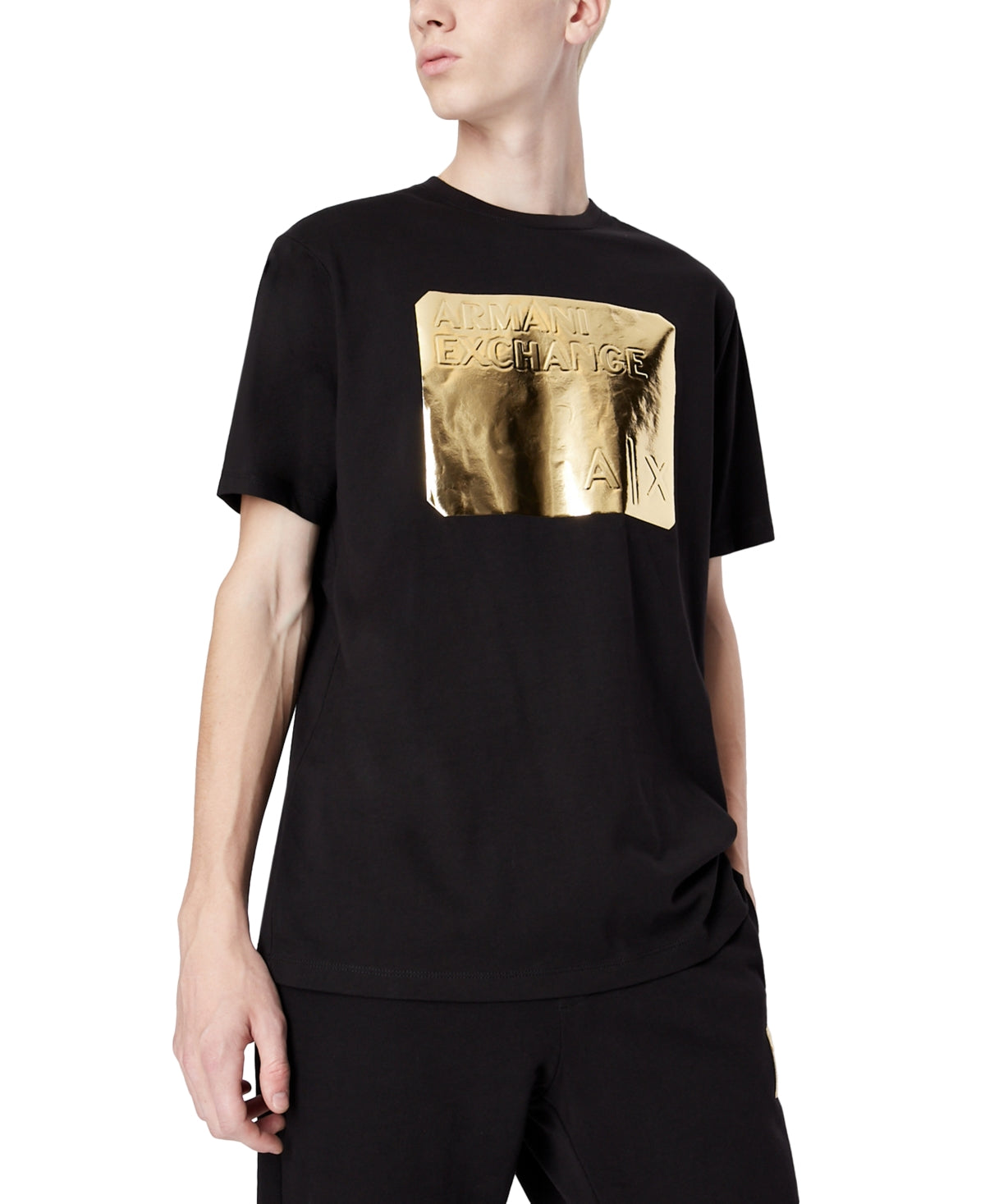 Camiseta masculina A|X Armani Exchange com logotipo metálico em relevo, preta, tamanho grande