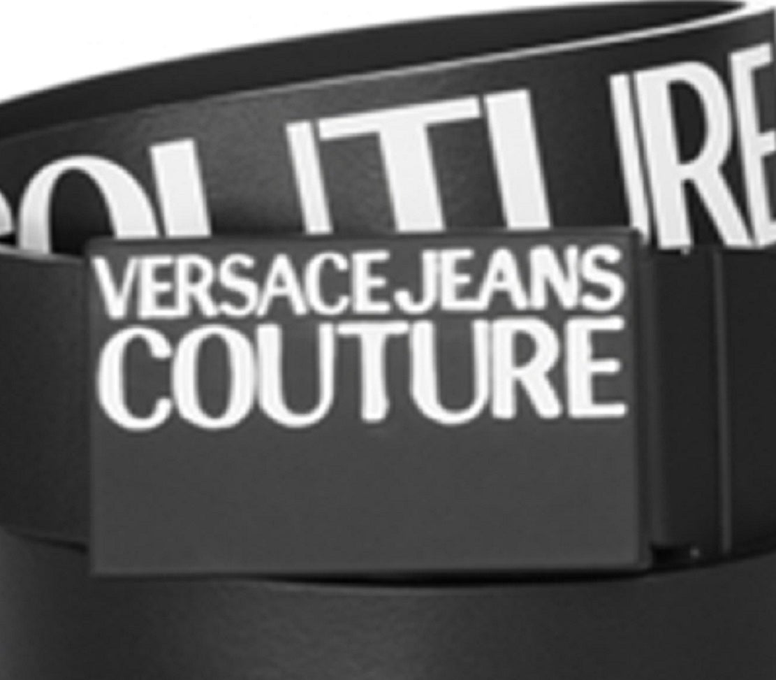 Cinto de couro com fivela de logotipo Versace Jeans Couture feminino, preto, tamanho regular