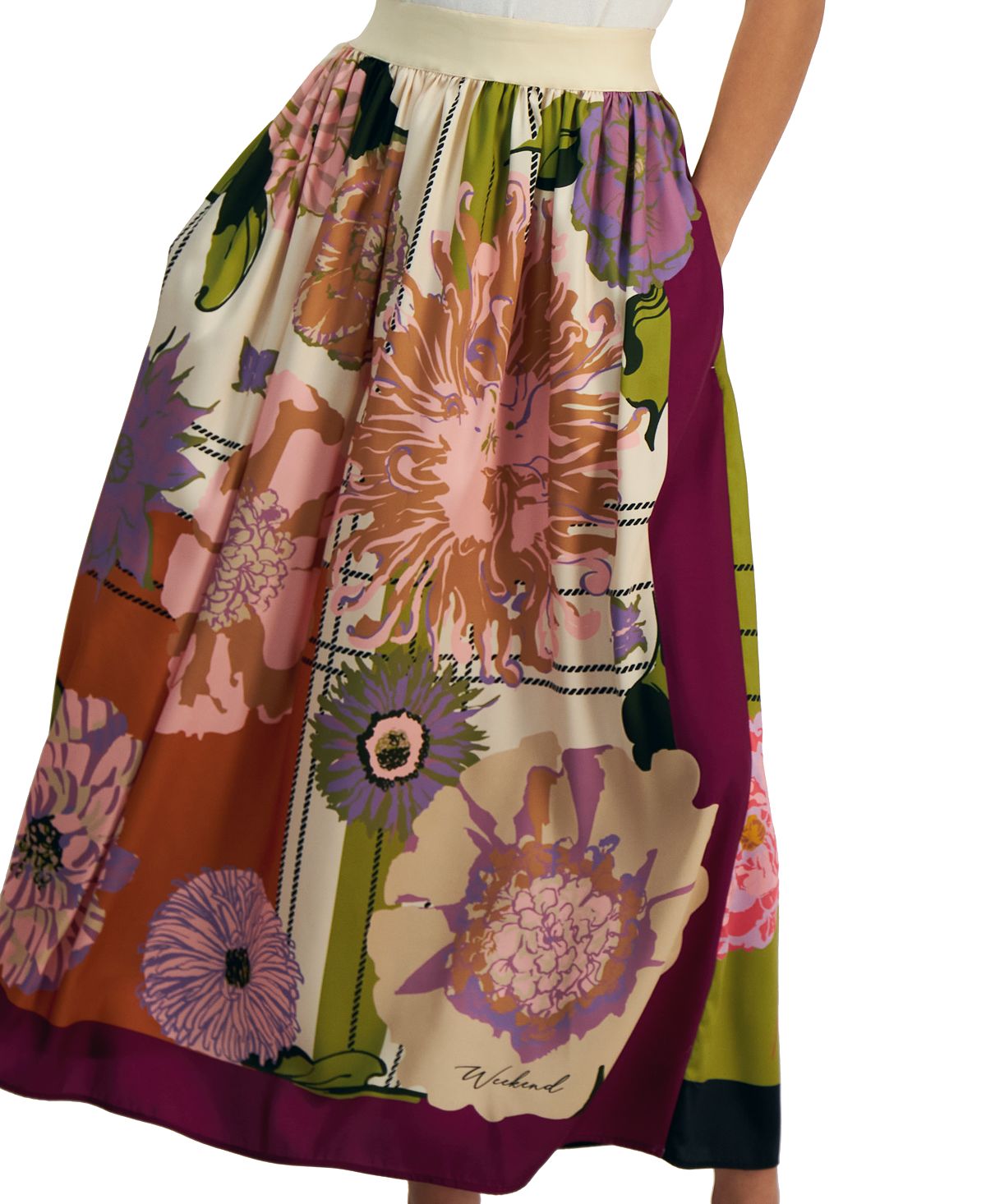 Saia longa feminina Weekend Max Mara com cintura elástica, roxa, tamanho 2