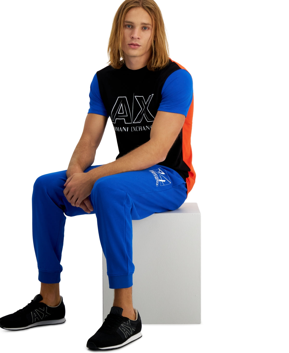 Camiseta masculina com logotipo tricolor A|X Armani Exchange, preta, tamanho extragrande