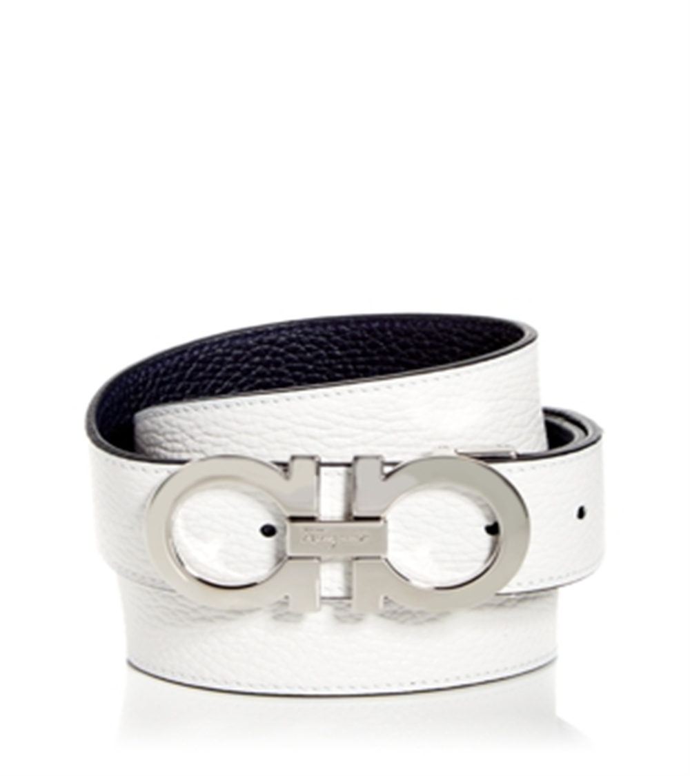 Cinto de couro masculino Salvatore Ferragamo com fivela dupla Gancini, branco, tamanho 42