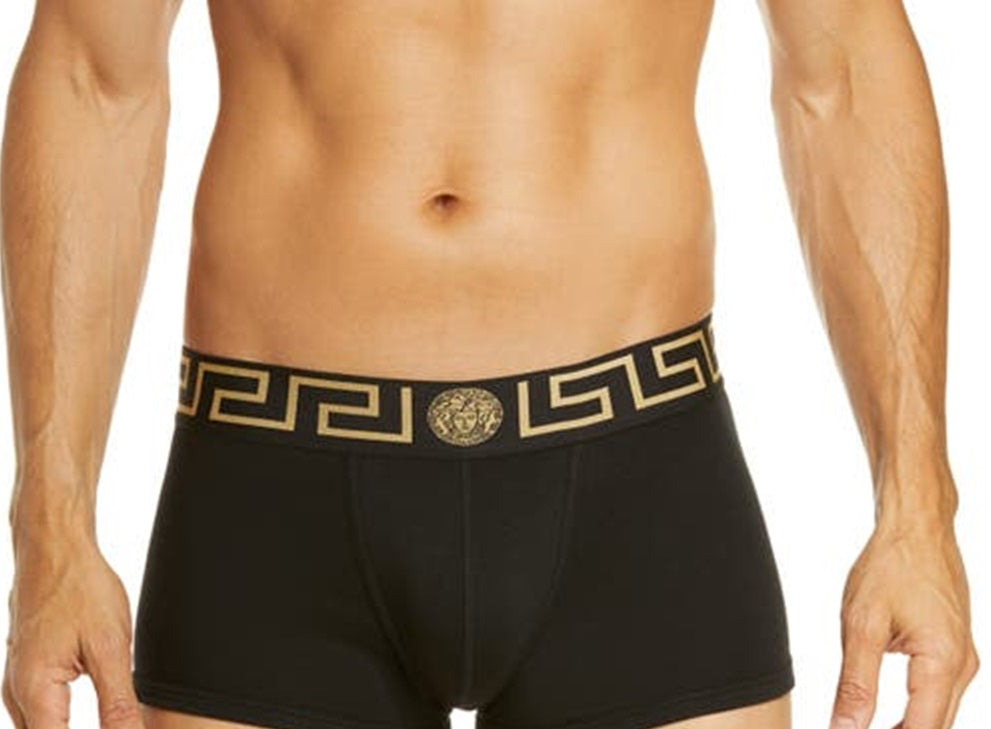 Calções de banho de cintura baixa Versace First Men's Line, pretos, tamanho 7
