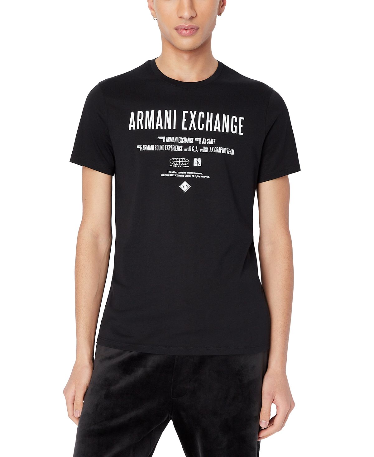 Camiseta masculina com estampa de logotipo e estilo de filme A|X Armani Exchange, preta, tamanho pequeno