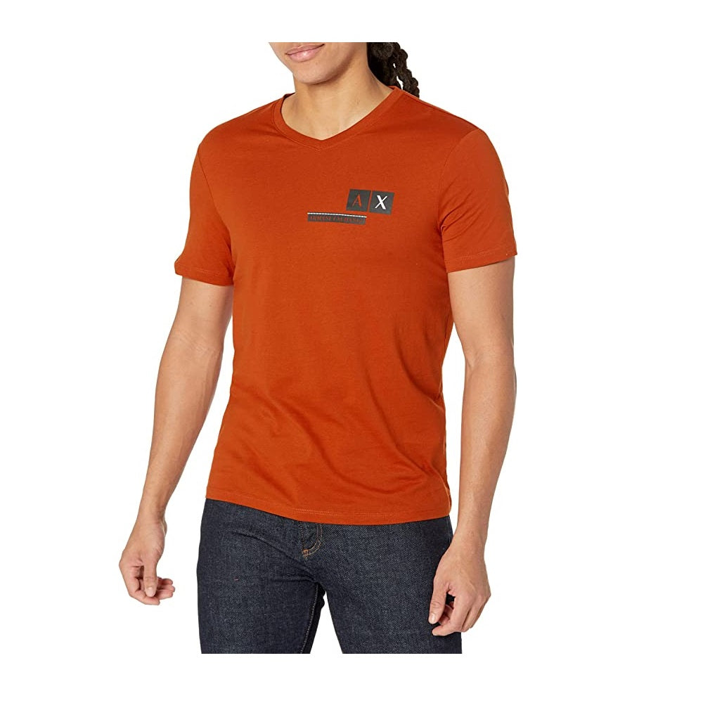 Camiseta masculina AX Armani Exchange com estampa de logotipo e gola V, laranja, tamanho M