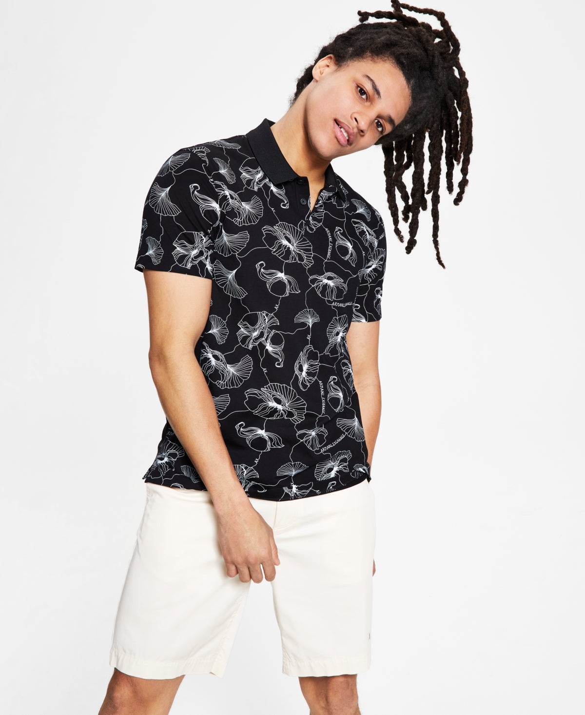 Camisa Polo Masculina A|X Armani Exchange com Estampa Floral, Preta, Tamanho Médio