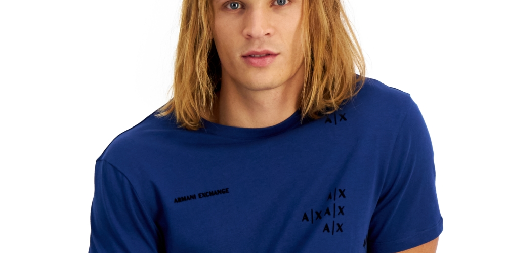 Camiseta masculina AX Armani Exchange com decote redondo e logotipo de letras, manga curta, azul, tamanho M